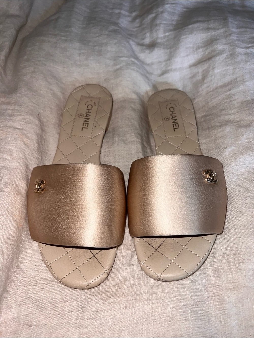 CHANEL Satin Slide Sandals in Champagne Gold